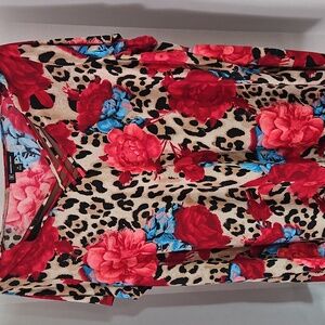INC International Concepts Red and Blue Floral Leopard Print Top